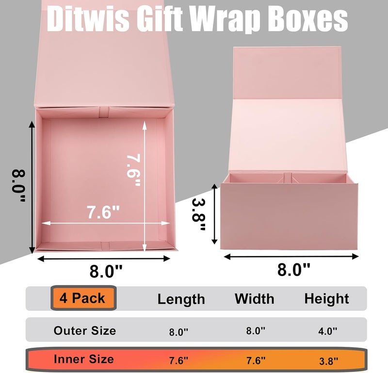 Ditwis 4 Pack 8x8x4 Inches Gift Boxes with Magnetic Closure Lids, Pink Magnetic Box for Wedding, Groomsmen Bridesmaid Proposal, Birthdays, Mother's Day - Image 2